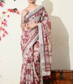 pink floral printed cotton blend saree with unstitched blouse piece