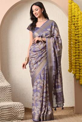 purple leaf print cotton silk saree with unstitched blouse piece 5