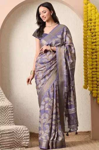 purple leaf print cotton silk saree with unstitched blouse piece