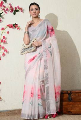pastel pink floral printed cotton blend saree with unstitched blouse piece 2