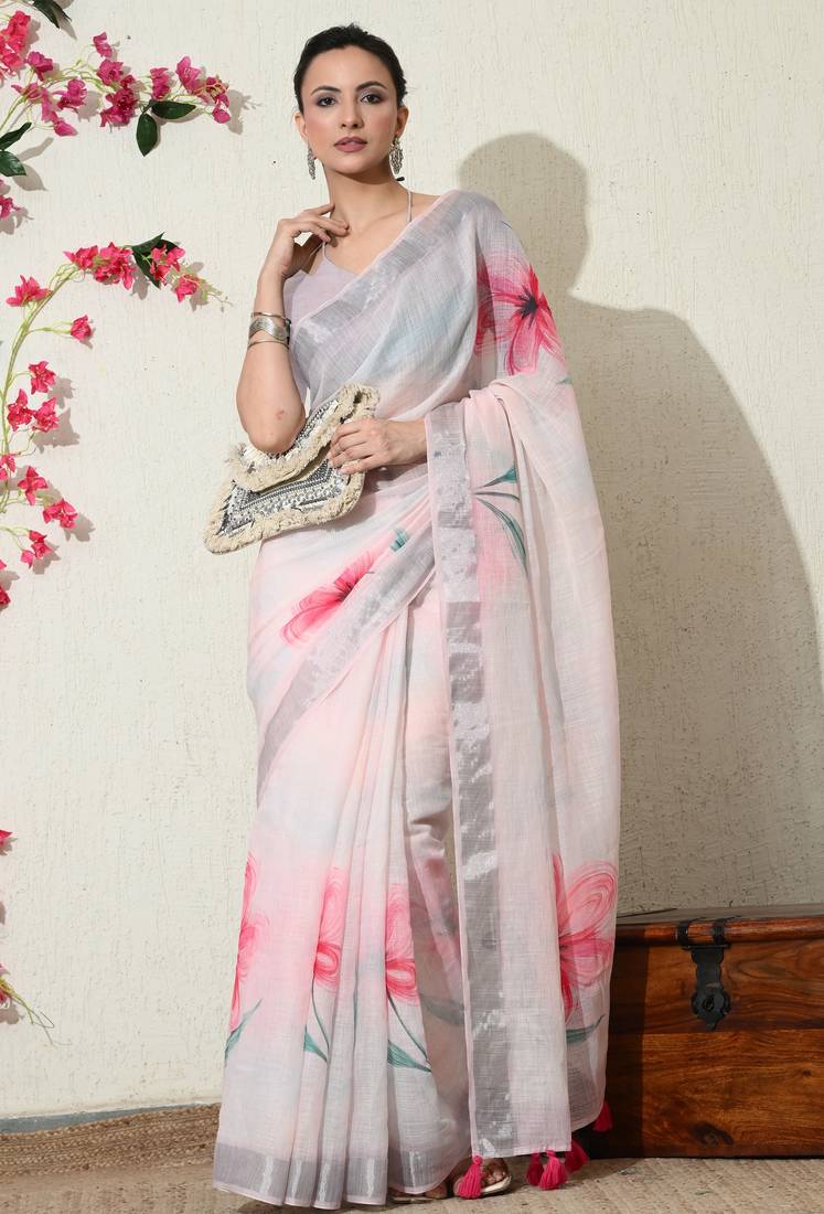 pastel pink floral printed cotton blend saree with unstitched blouse piece