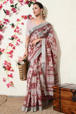 pink floral printed cotton blend saree with unstitched blouse piece 2