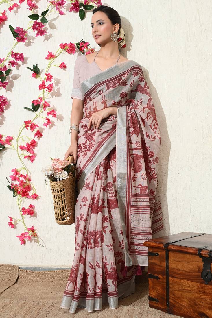 pink floral printed cotton blend saree with unstitched blouse piece
