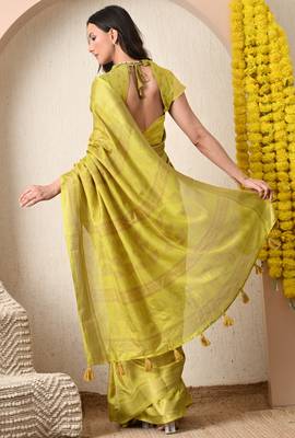 yellow leaf print cotton silk saree with unstitched blouse piece 4