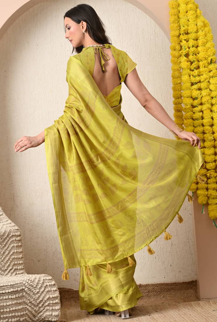 yellow leaf print cotton silk saree with unstitched blouse piece