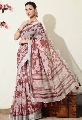 pink floral printed cotton blend saree with unstitched blouse piece 3