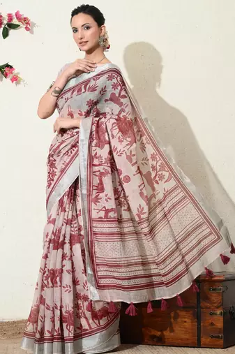 pink floral printed cotton blend saree with unstitched blouse piece