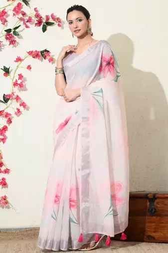pastel pink floral printed cotton blend saree with unstitched blouse piece