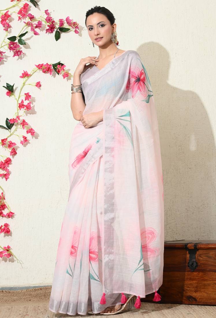 pastel pink floral printed cotton blend saree with unstitched blouse piece
