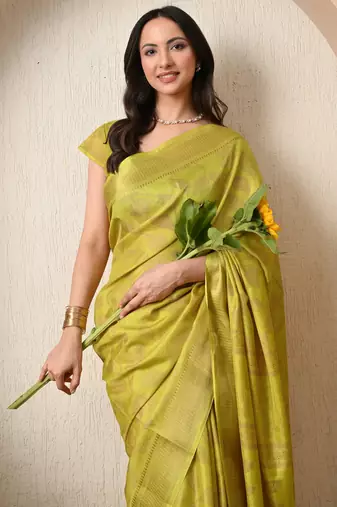yellow leaf print cotton silk saree with unstitched blouse piece