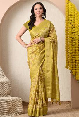 yellow leaf print cotton silk saree with unstitched blouse piece 1