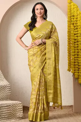 yellow leaf print cotton silk saree with unstitched blouse piece