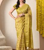 yellow leaf print cotton silk saree with unstitched blouse piece