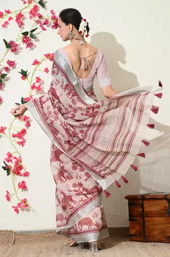 pink floral printed cotton blend saree with unstitched blouse piece