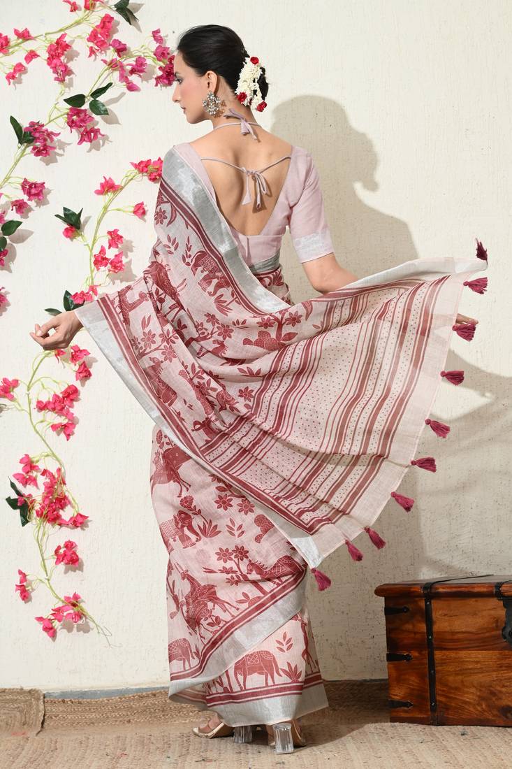 pink floral printed cotton blend saree with unstitched blouse piece