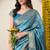 blue leaf print cotton silk saree with unstitched blouse piece