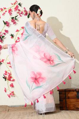 pastel pink floral printed cotton blend saree with unstitched blouse piece 4