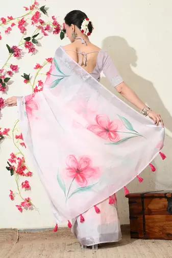 pastel pink floral printed cotton blend saree with unstitched blouse piece