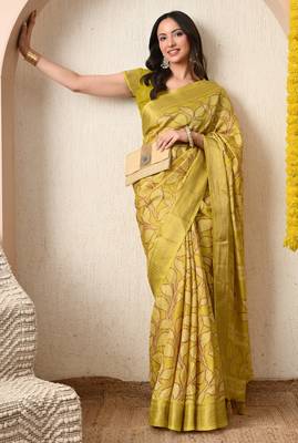 yellow leaf print cotton silk saree with unstitched blouse piece 2