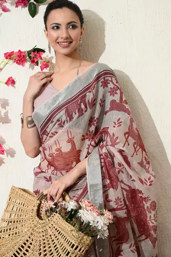 pink floral printed cotton blend saree with unstitched blouse piece