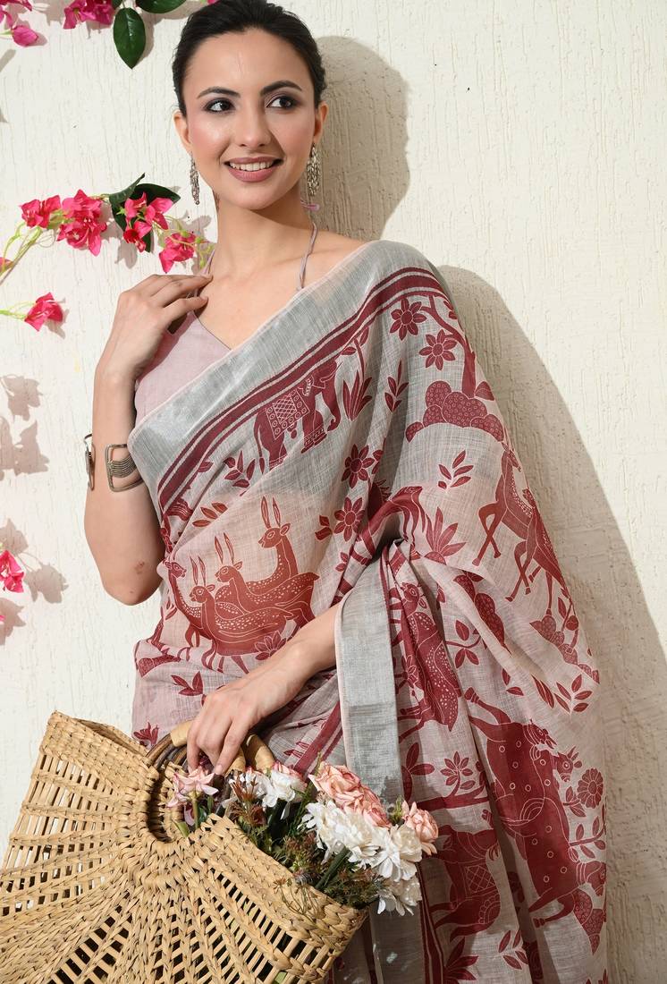 pink floral printed cotton blend saree with unstitched blouse piece
