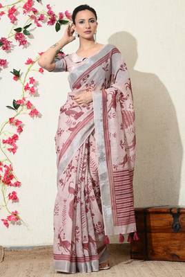 pink floral printed cotton blend saree with unstitched blouse piece 1