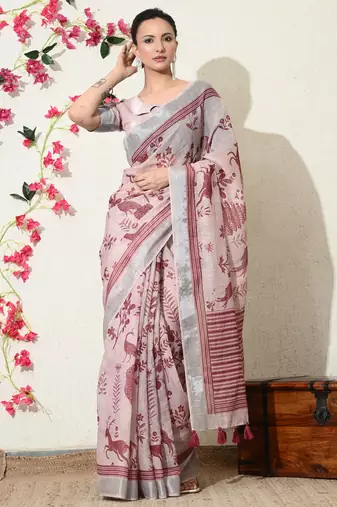 pink floral printed cotton blend saree with unstitched blouse piece