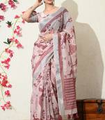 pink floral printed cotton blend saree with unstitched blouse piece