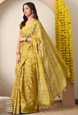 yellow leaf print cotton silk saree with unstitched blouse piece 3
