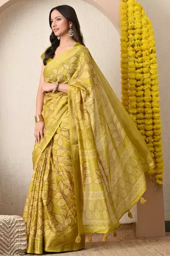 yellow leaf print cotton silk saree with unstitched blouse piece