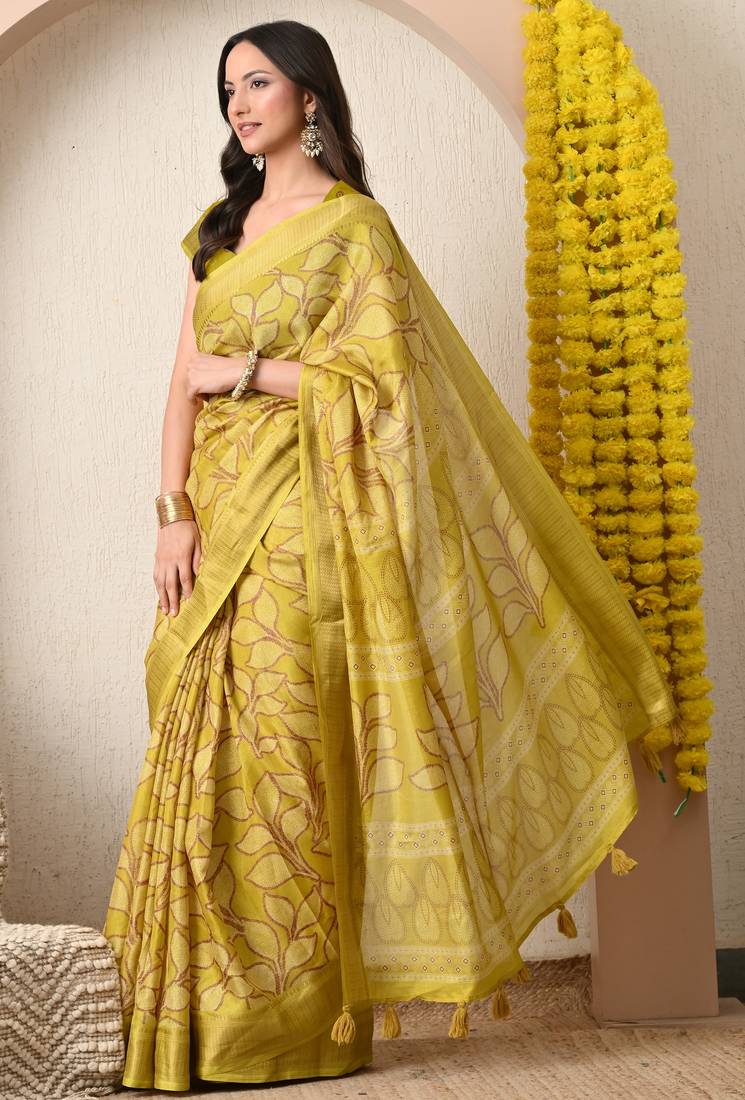 yellow leaf print cotton silk saree with unstitched blouse piece