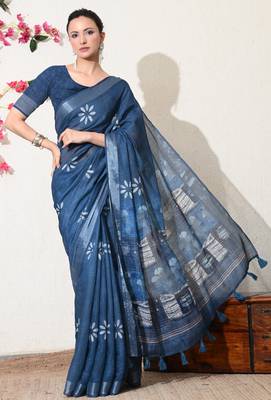 blue floral printed cotton blend saree with unstitched blouse piece 1