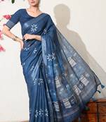 blue floral printed cotton blend saree with unstitched blouse piece
