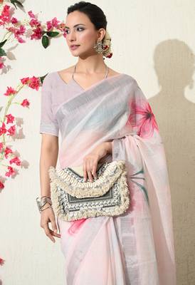 pastel pink floral printed cotton blend saree with unstitched blouse piece 5
