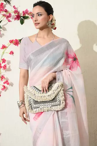 pastel pink floral printed cotton blend saree with unstitched blouse piece