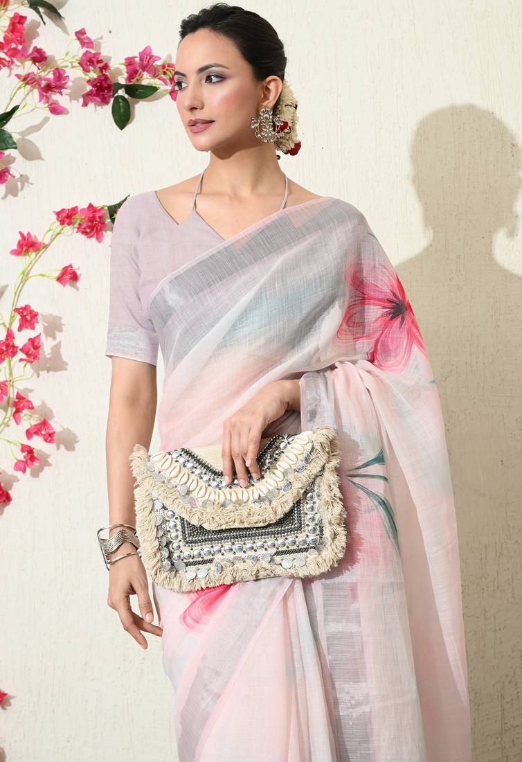 pastel pink floral printed cotton blend saree with unstitched blouse piece