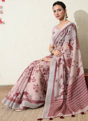 pink floral printed cotton blend saree with unstitched blouse piece 2