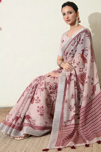 pink floral printed cotton blend saree with unstitched blouse piece