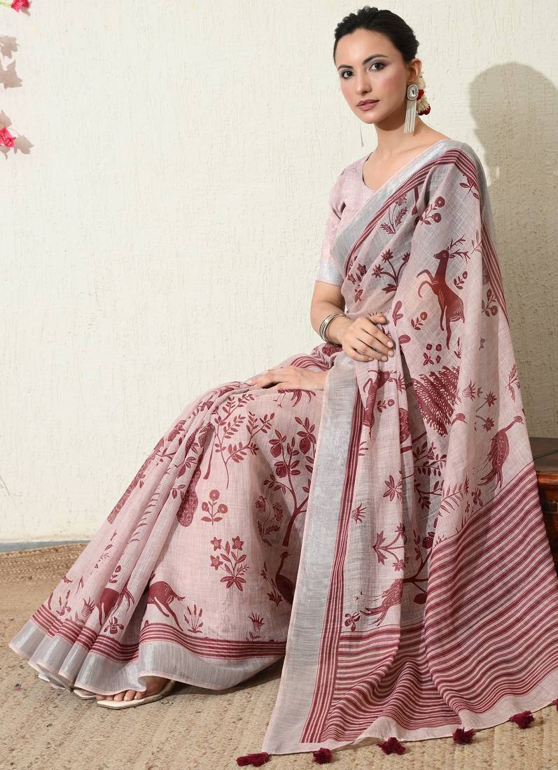pink floral printed cotton blend saree with unstitched blouse piece