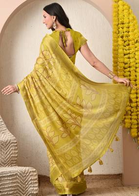 yellow leaf print cotton silk saree with unstitched blouse piece 4