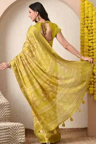 yellow leaf print cotton silk saree with unstitched blouse piece