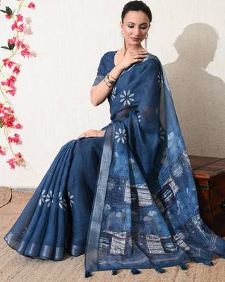 blue floral printed cotton blend saree with unstitched blouse piece 2