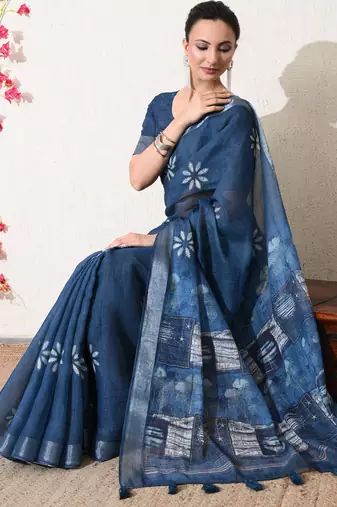 blue floral printed cotton blend saree with unstitched blouse piece