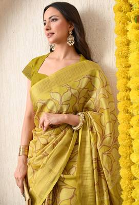 yellow leaf print cotton silk saree with unstitched blouse piece 5