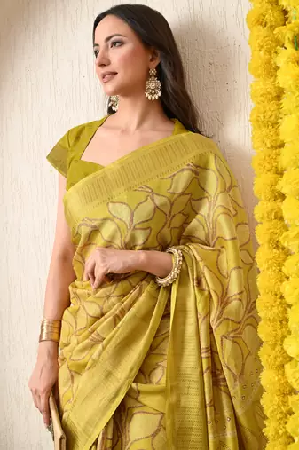 yellow leaf print cotton silk saree with unstitched blouse piece
