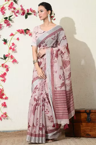 pink floral printed cotton blend saree with unstitched blouse piece