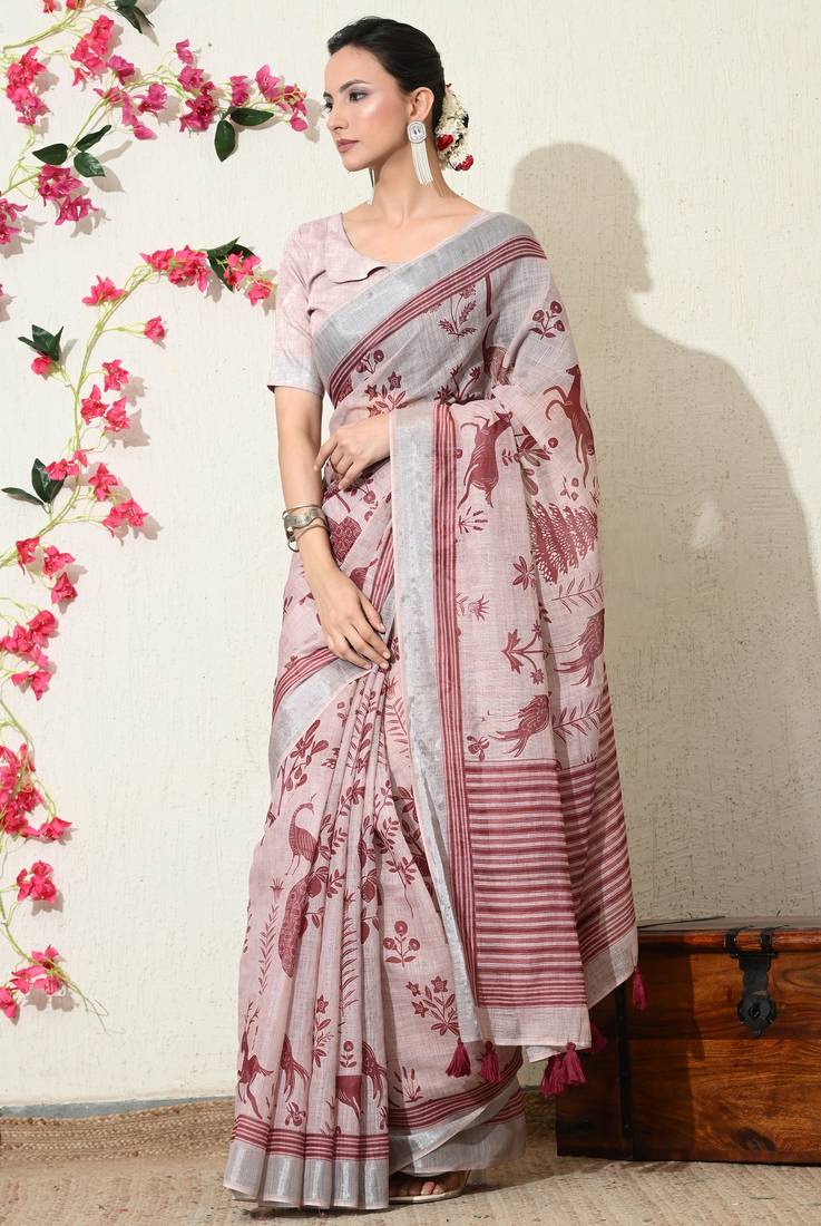 pink floral printed cotton blend saree with unstitched blouse piece