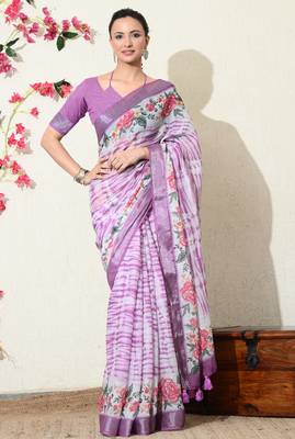 off white floral printed cotton blend saree with unstitched blouse piece 1