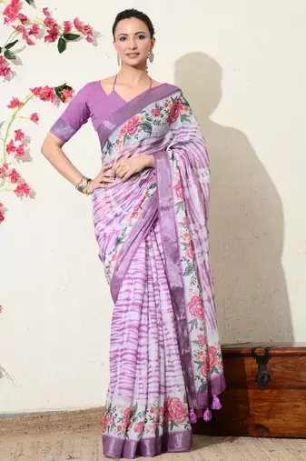 off white floral printed cotton blend saree with unstitched blouse piece