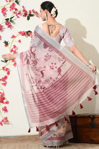 pink floral printed cotton blend saree with unstitched blouse piece